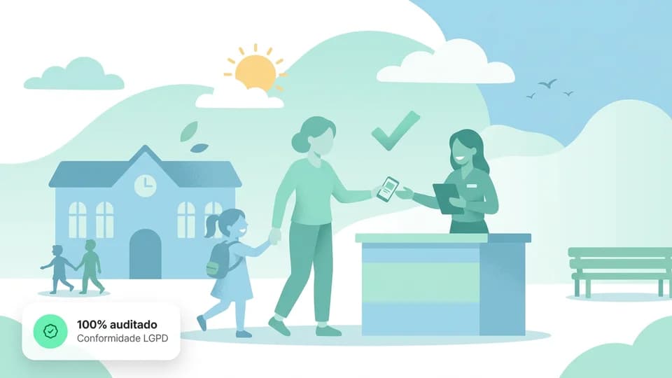 Ilustração do fluxo diário: check-in, salas e capacidade na plataforma SafeKids.